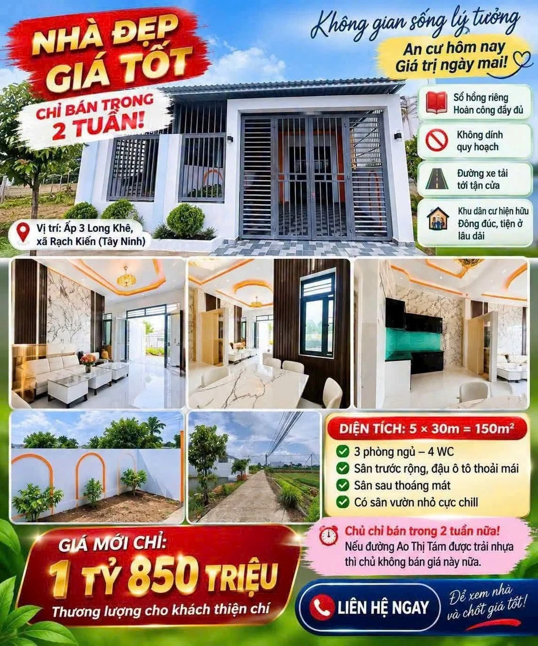 Bán nhà cấp 4 Long Khê 150m² sổ riêng giá 1 tỷ 850 triệu - Ảnh 1