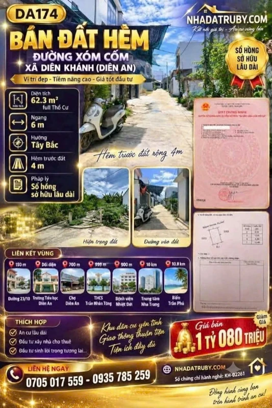 Bán đất thổ cư 62,3m2 đường Xóm Cối, Diên An, Khánh Hòa, giá 1,08 tỷ