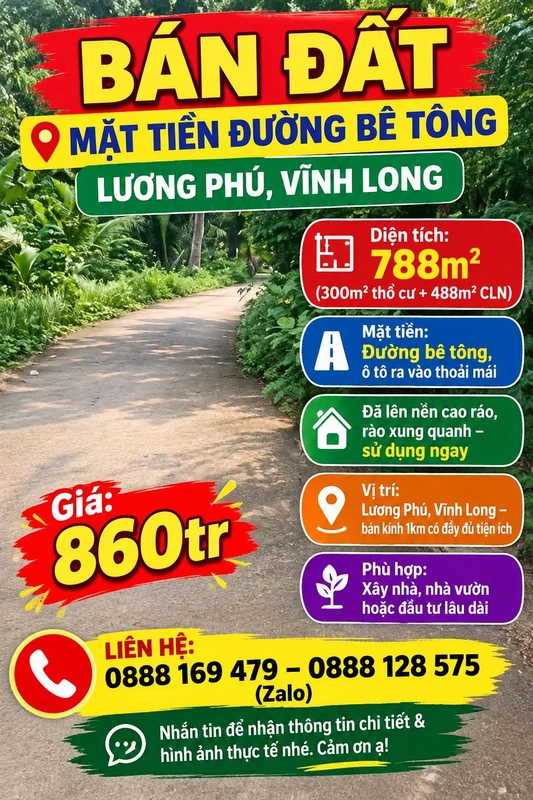 Bán đất mặt tiền 788m² Lương Phú, Vĩnh Long