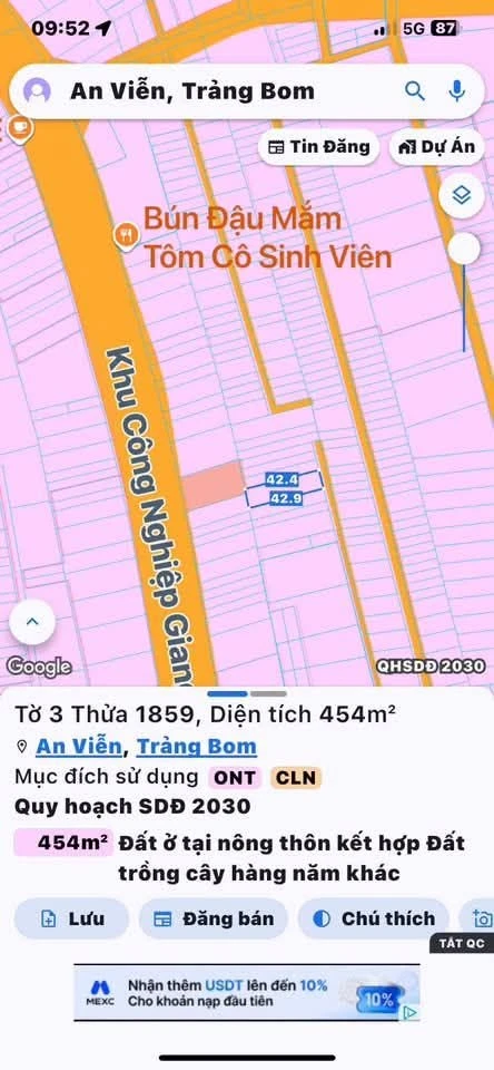 Bán đất 454m2 (100m thổ cư) Xã An Viễn Đồng Nai, 1.9 tỷ - Ảnh 1
