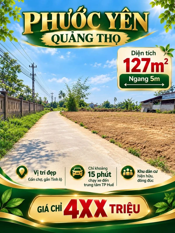 Bán lô đất 127m2 ngang 5m đường quy hoạch 7m tại Phước Yên, Quảng Thọ, Huế