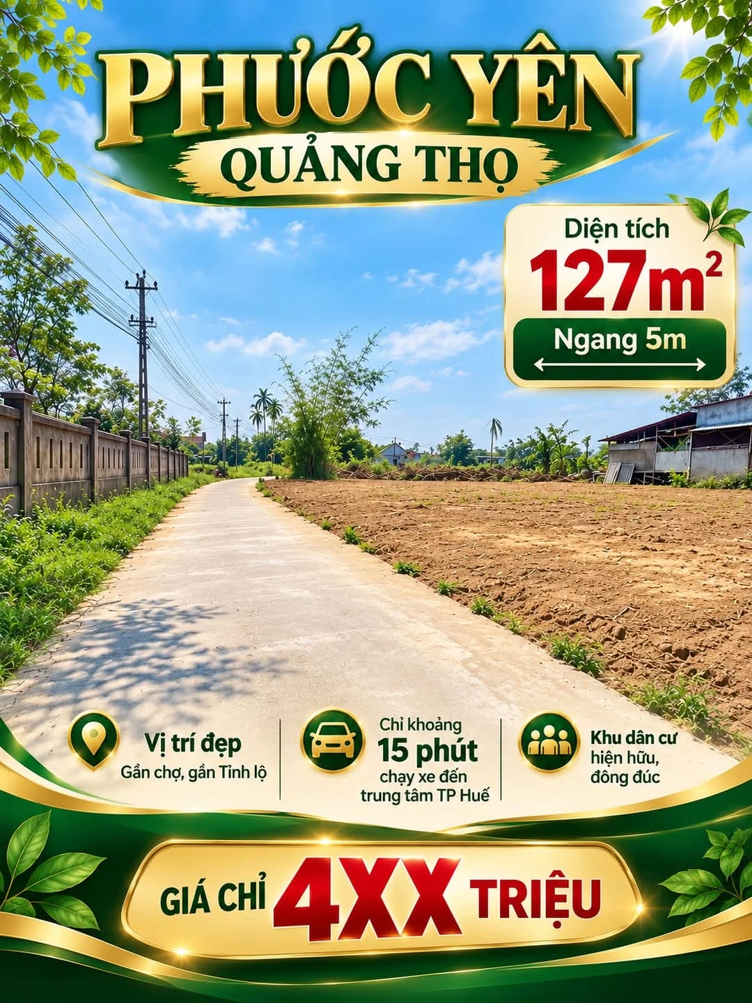 Bán lô đất 127m2 ngang 5m đường quy hoạch 7m tại Phước Yên, Quảng Thọ, Huế - Ảnh 1