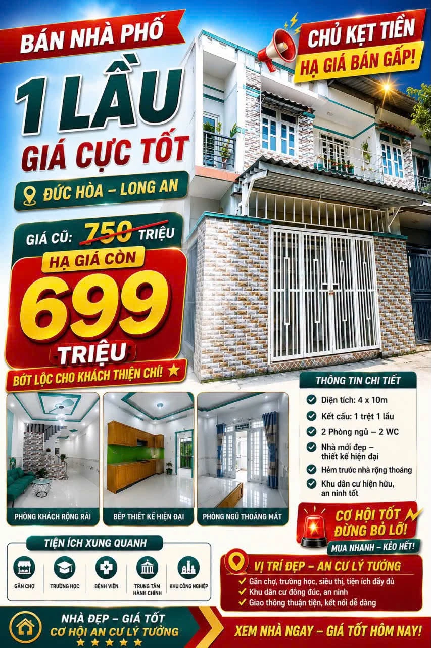 Bán nhà 1 trệt 1 lầu 4x10m, 2PN 2WC, giá 699 triệu tại Mỹ Hạnh Nam, Củ Chi - Ảnh 1