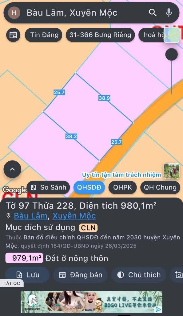 Bán đất Bàu Lâm Xuyên Mộc 1000m² mặt tiền - Ảnh 1