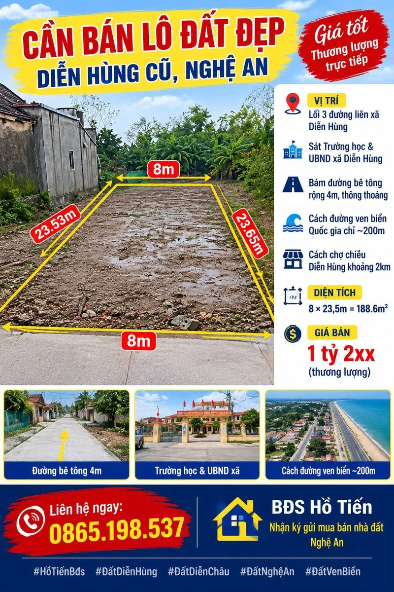 Bán lô đất 188.6m² Diễn Hùng, Nghệ An, 1 tỷ 2 - Ảnh 1