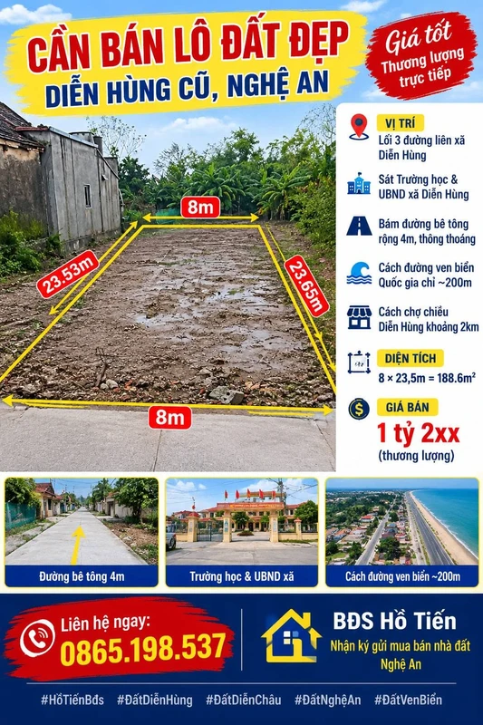 Bán lô đất 188.6m² Diễn Hùng, Nghệ An, 1 tỷ 2