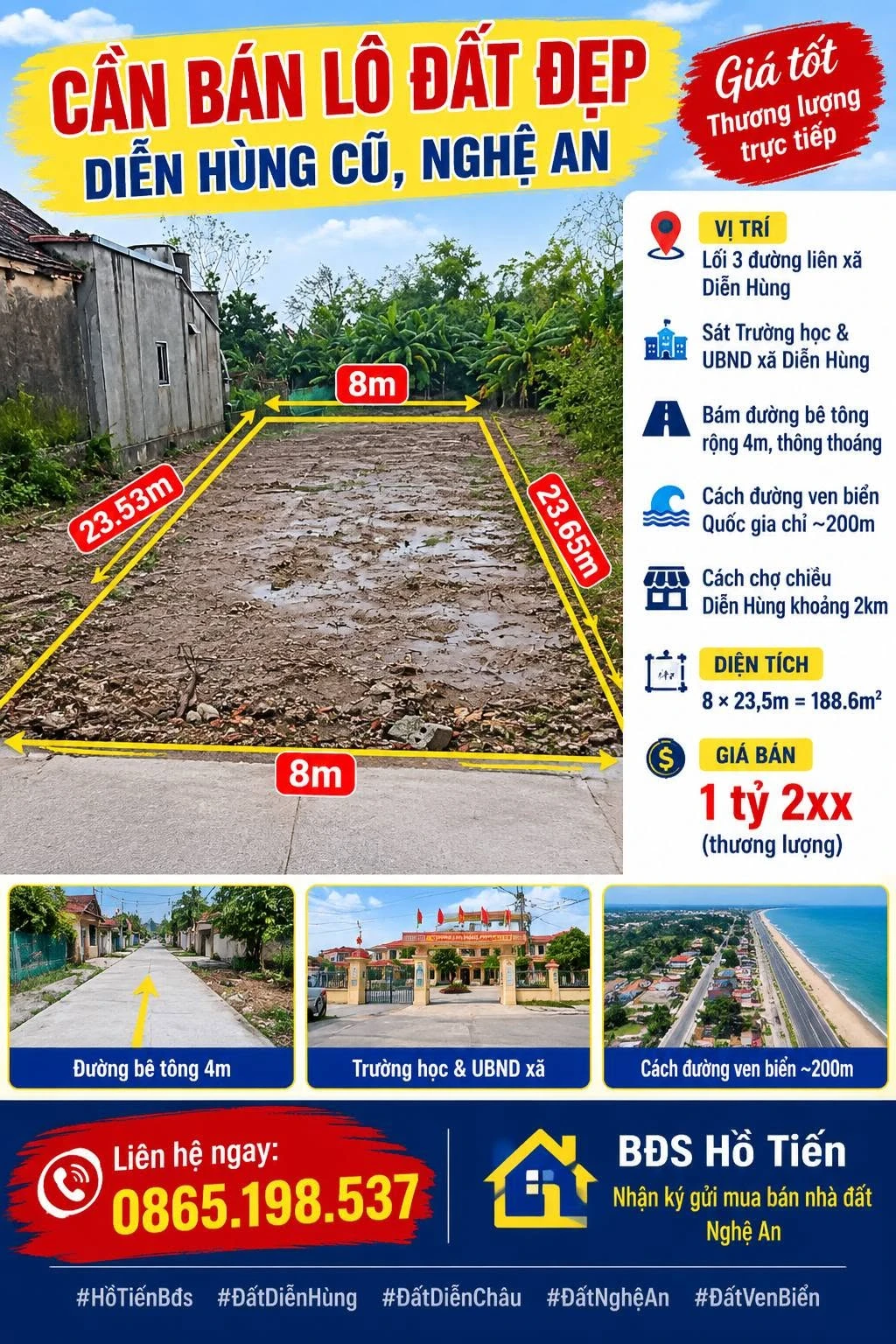 Bán lô đất 188.6m² Diễn Hùng, Nghệ An, 1 tỷ 2 - Ảnh 1
