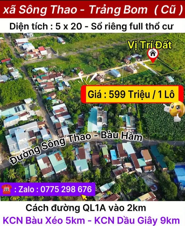Bán đất nền 100m² Xã Sông Thao Trảng Bom 599 triệu
