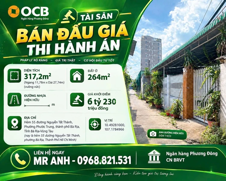 Bán đất 317m² Hẻm 55 Nguyễn Tất Thành, Bà Rịa – Vũng Tàu, giá 6 tỷ 230 triệu