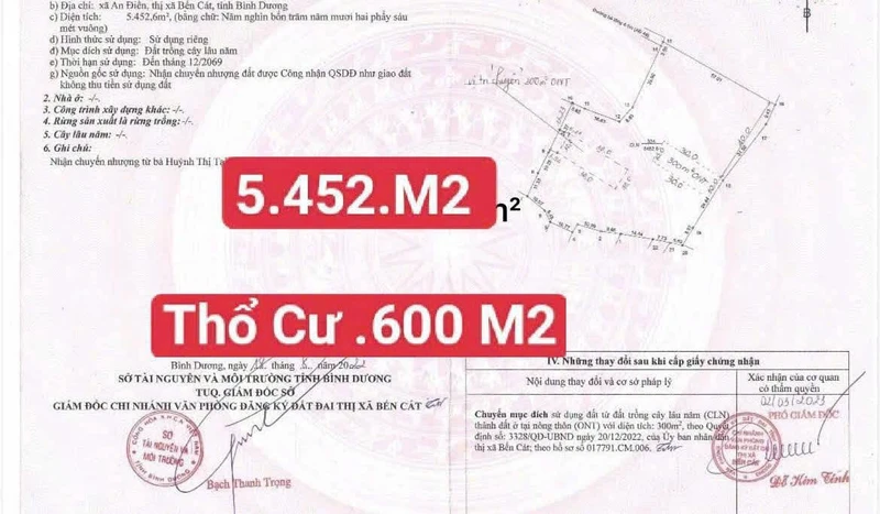 Bán đất 5.452m² An Điền Bến Cát, 10,5 tỷ