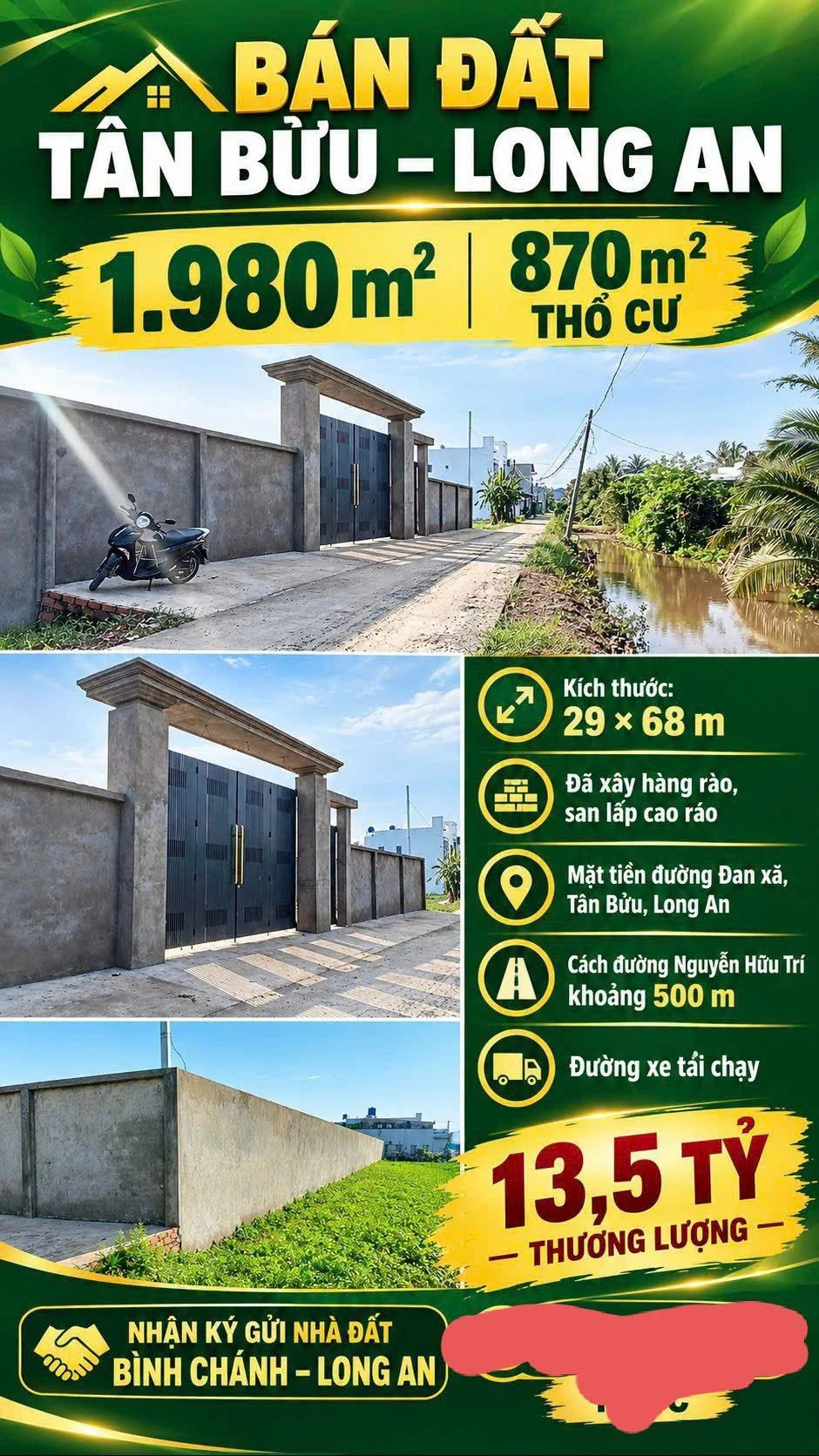 Bán đất Tân Bửu Long An 1980m² mặt tiền Đan 13,5 tỷ - Ảnh 1