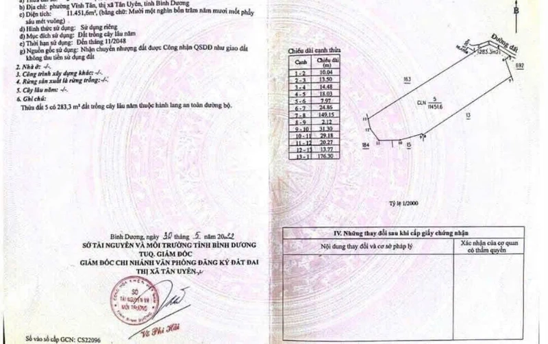 Bán đất sản xuất kinh doanh 11,451m2 Tân Uyên Bình Dương