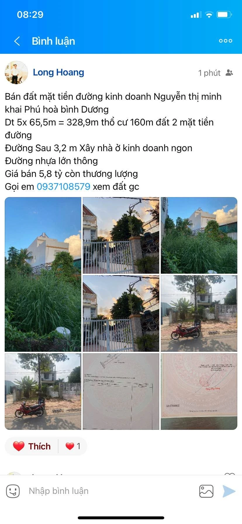 Bán đất mặt tiền Nguyễn Thị Minh Khai, Bình Dương, 328,9m², 5,8 tỷ - Ảnh 1