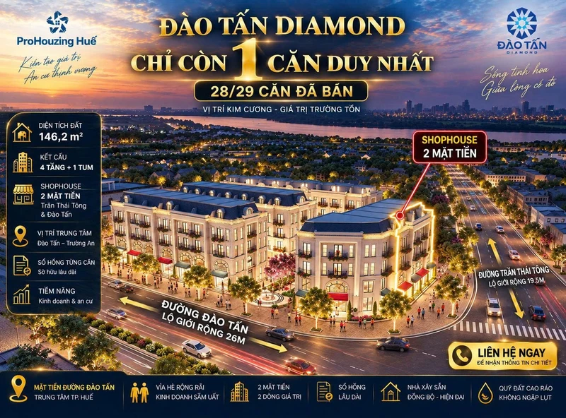 Bán shophouse 146.2m² mặt tiền Trần Thái Tông Huế 9.7 tỷ