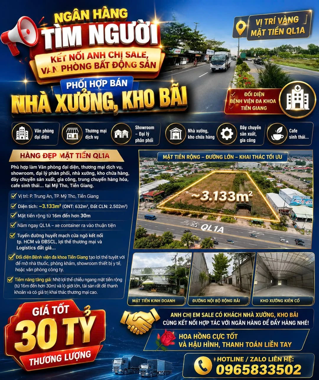 Bán đất mặt tiền Quốc lộ 1A 3.133m2 đối diện Bệnh viện Tiền Giang, giá hơn 30 tỷ - Ảnh 1