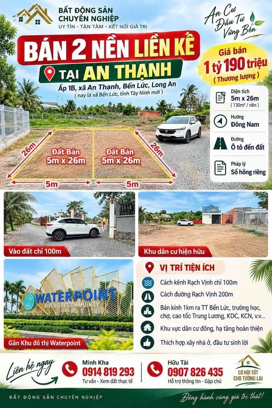 Bán 2 nền đất thổ cư 130m² Bến Lức, Long An, giá 1 tỷ 190 triệu