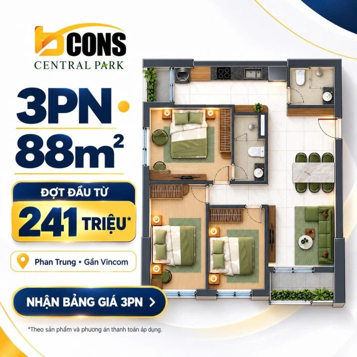 Hot 1 căn 3PN hiếm có trên mặt bằng tầng Bcons Central Park, căn góc B.XX.30 tầng trung, CK 8,5% - Ảnh 1
