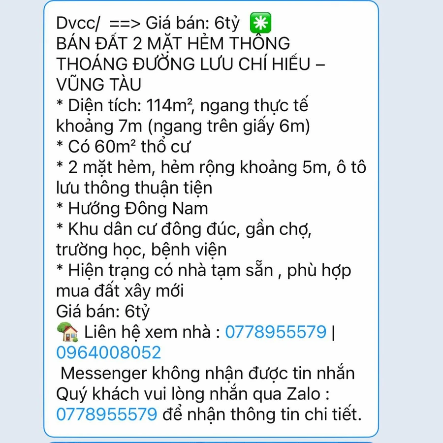 Bán đất 2 mặt hẻm 114m² Lưu Chí Hiếu Vũng Tàu 6 tỷ - Ảnh 1