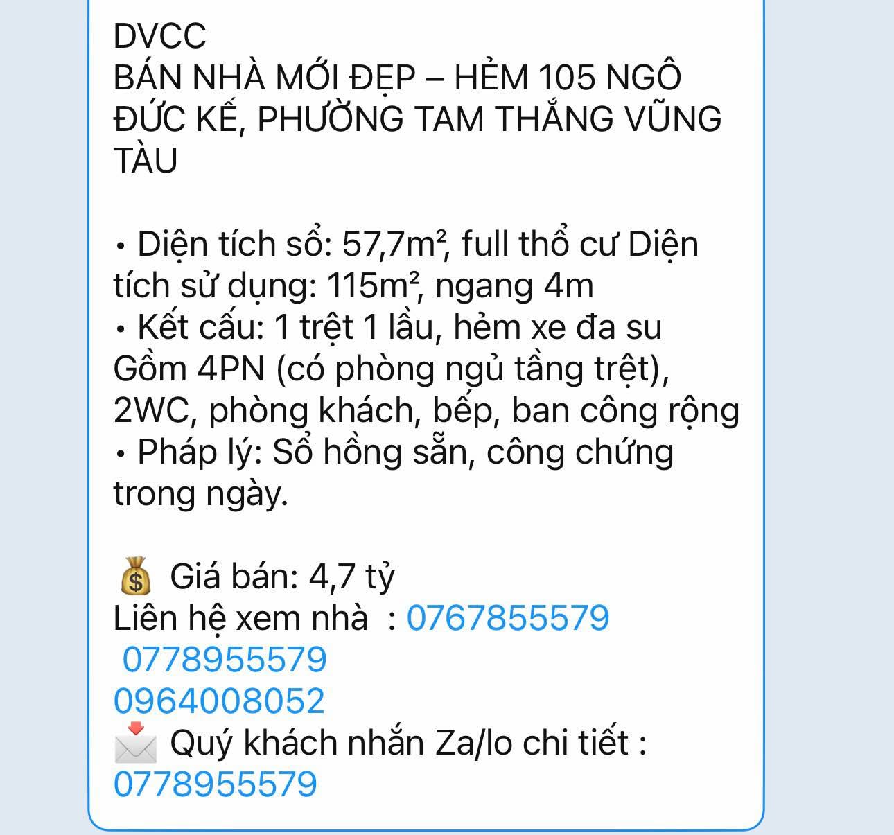 Bán nhà mới 4PN, 57,7m² Vũng Tàu, giá 4,7 tỷ