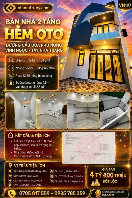 Bán nhà 2 tầng hẻm ô tô 124.9m2 đường Cầu Dứa, Phú Nông, Tây Nha Trang giá 4,4 tỷ