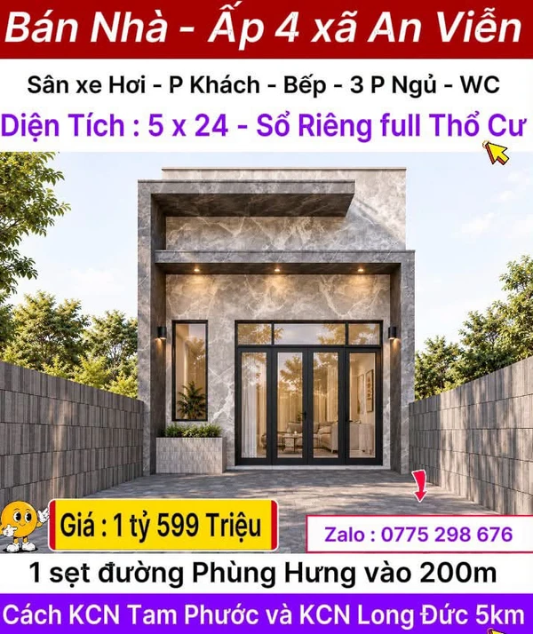 Bán nhà 5x24m, 3 phòng ngủ, Ấp 4 xã An Viễn