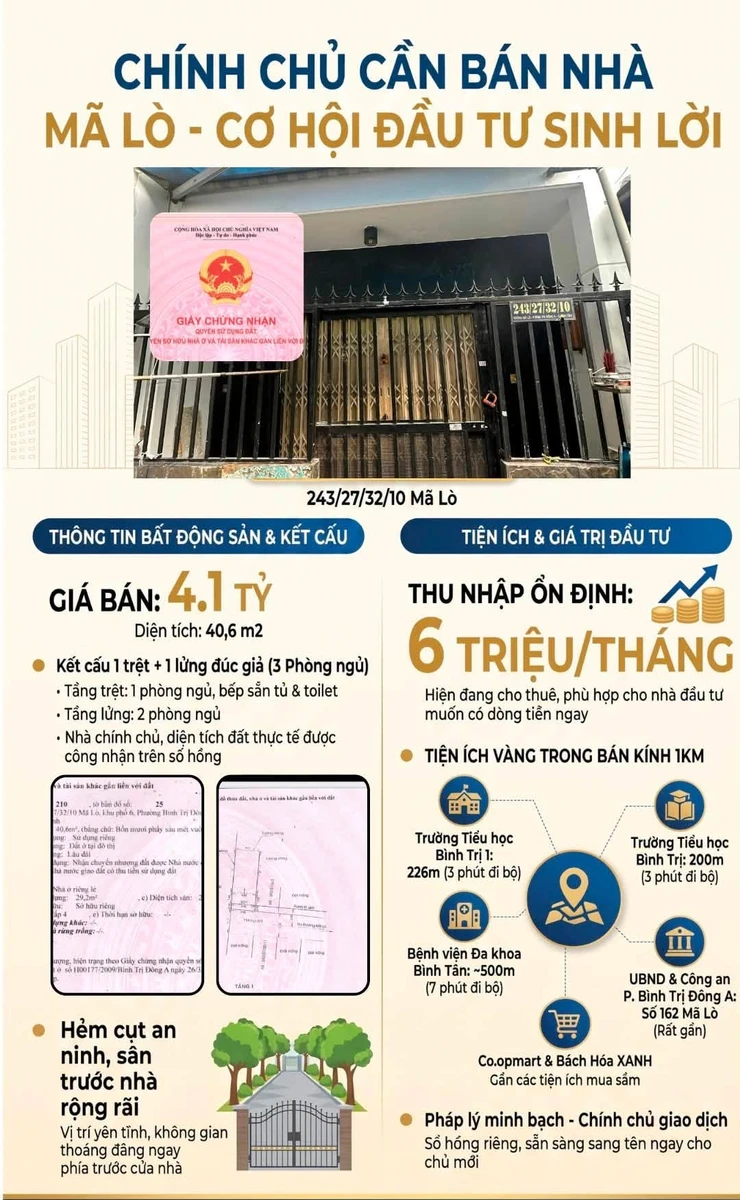 Bán nhà hẻm Mã Lò 40,6m² 3PN, giá 4,1 tỷ, Bình Trị Đông A, Bình Tân - Ảnh 1