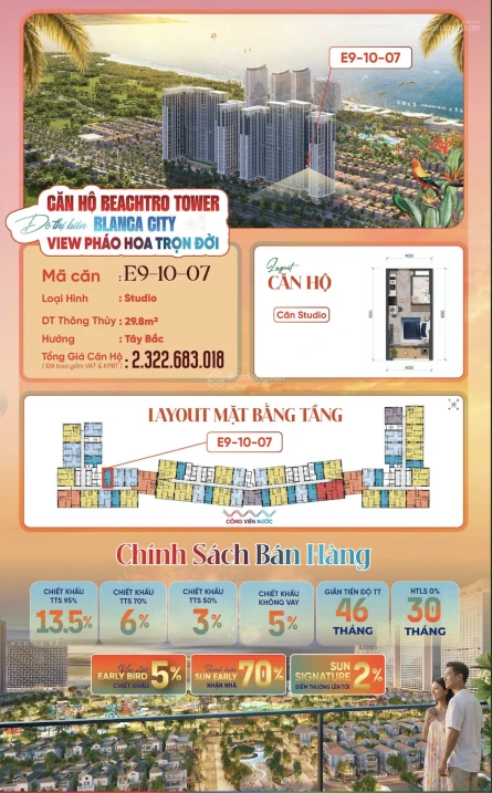 Chỉ 1,8 tỷ sở hữu Studio E91007 Beachtro Tower Blanca City, view hồ bơi và công viên - Ảnh 1
