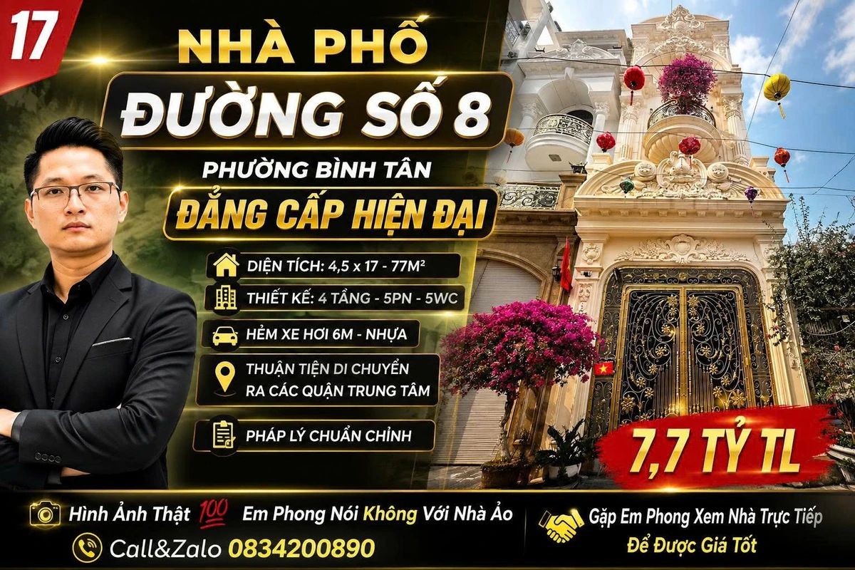 Bán nhà phố 4 tầng 77m2 hẻm xe hơi 6m, 5PN, đường số 8, Bình Tân - Ảnh 1