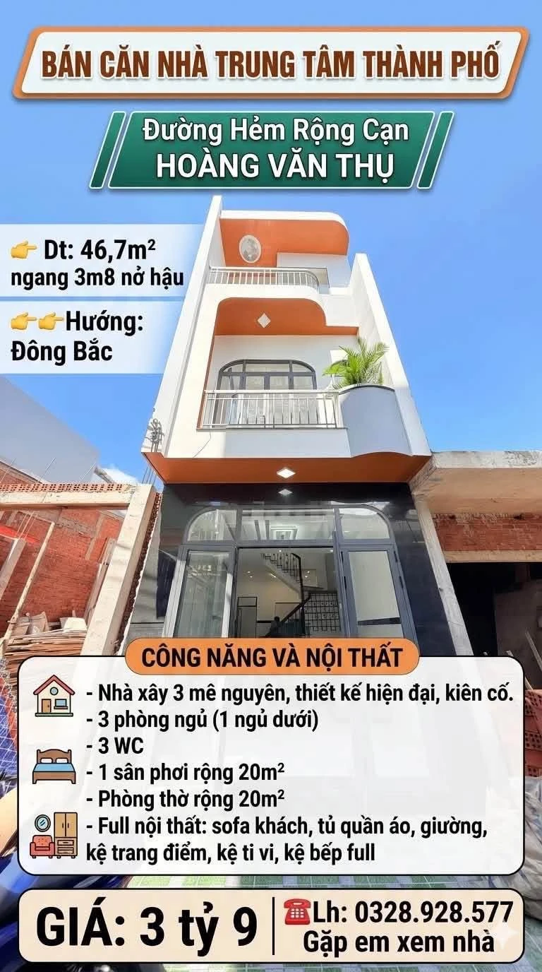 Bán nhà phố 46.7m² 3 phòng ngủ Hoàng Văn Thụ 3 tỷ 9 - Ảnh 1