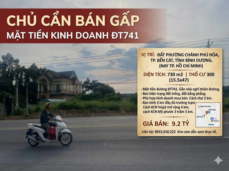 Bán đất mặt tiền ĐT741 Bến Cát 730m2, kinh doanh