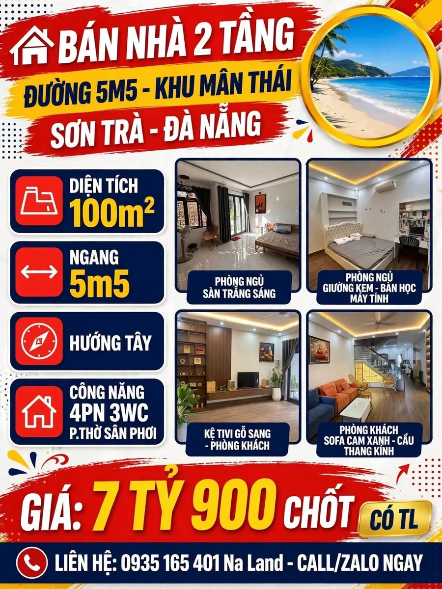 Bán nhà 2 tầng 100m2, 4PN 3WC, đường 5m5 khu Mân Thái, Sơn Trà, Đà Nẵng - Ảnh 1
