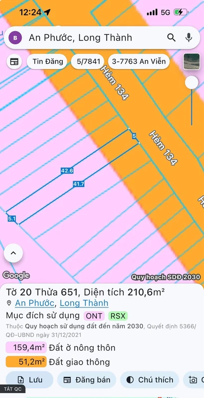 Bán đất mặt tiền kinh doanh 5x43m, sổ hồng thổ cư tại Ấp 8, An Phước, Long Thành