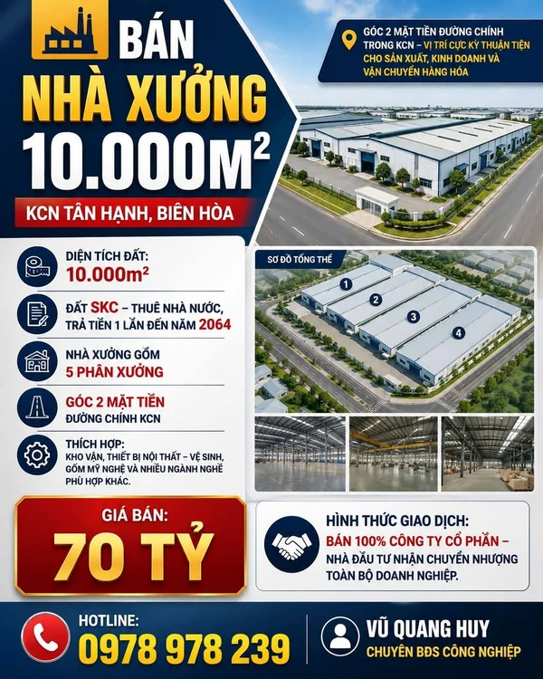 Bán nhà xưởng 1 ha trong KCN Tân Hạnh, Biên Hòa