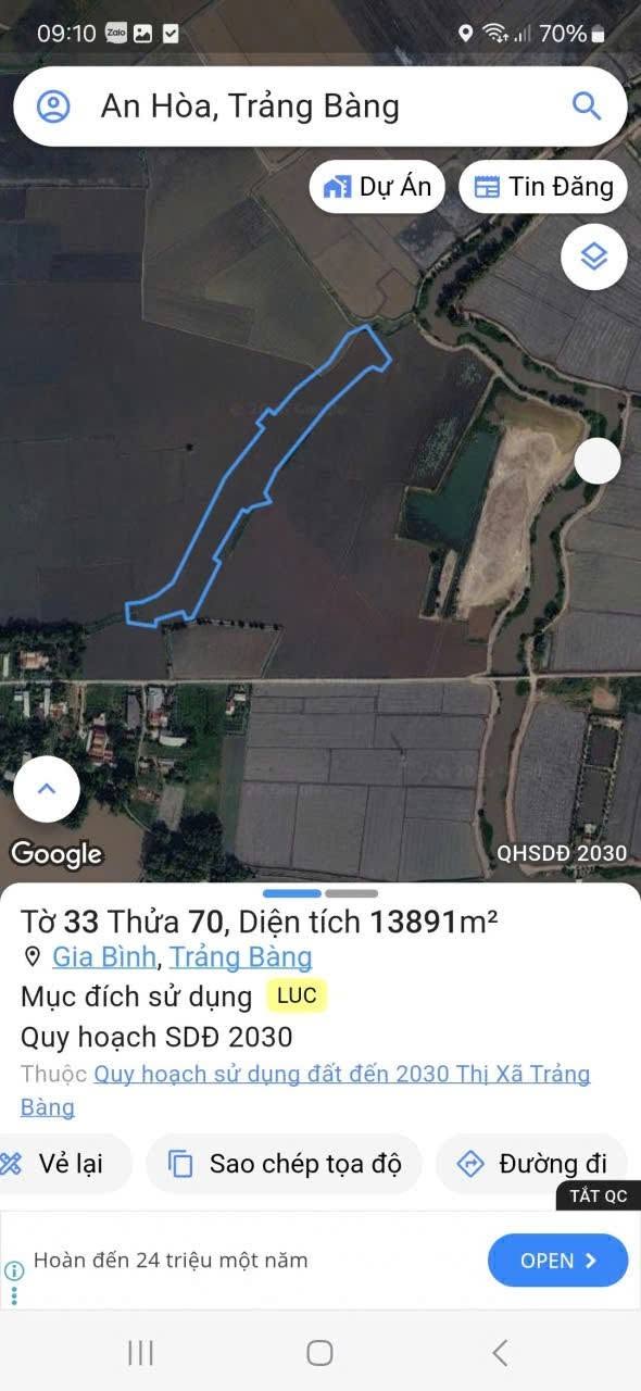 Bán 1 mẫu đất lúa Tây Ninh gần Cầu Dừa 1 tỷ 5