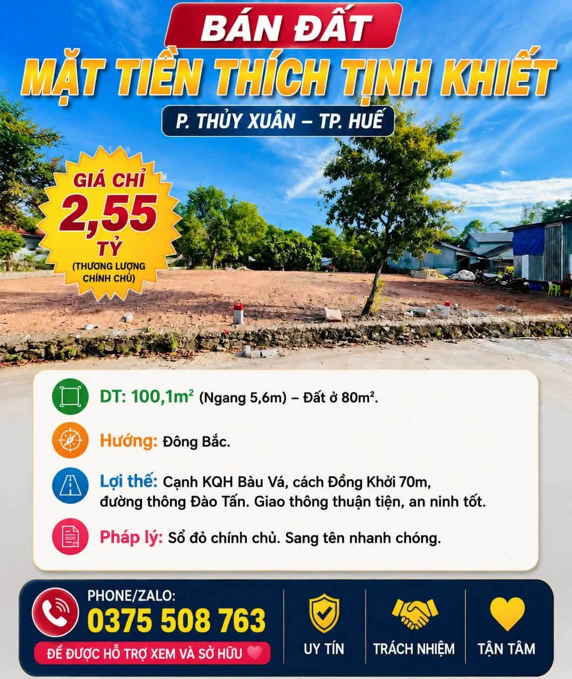 Bán đất mặt tiền Thích Tịnh Khiết, Thủy Xuân 100m² - 2,55 tỷ - Ảnh 1