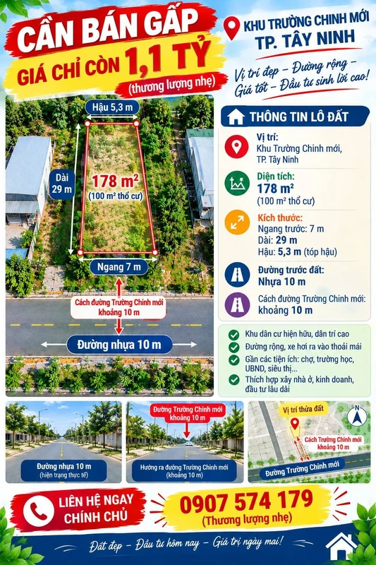Bán đất Khu Trường Chinh Mới Tây Ninh 178 m² – 1,1 tỷ