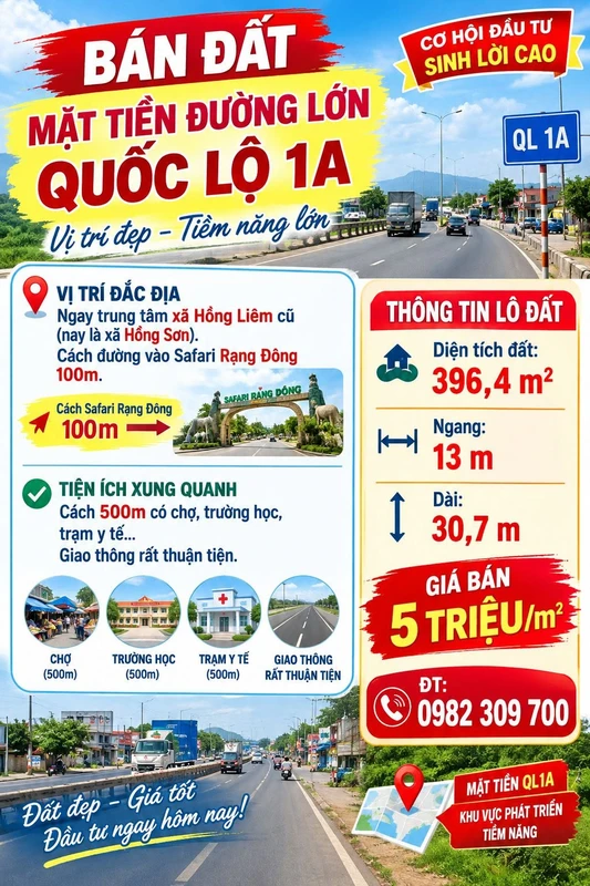 Bán lô đất thổ cư 396m² mặt tiền Quốc lộ 1A, Lâm Đồng