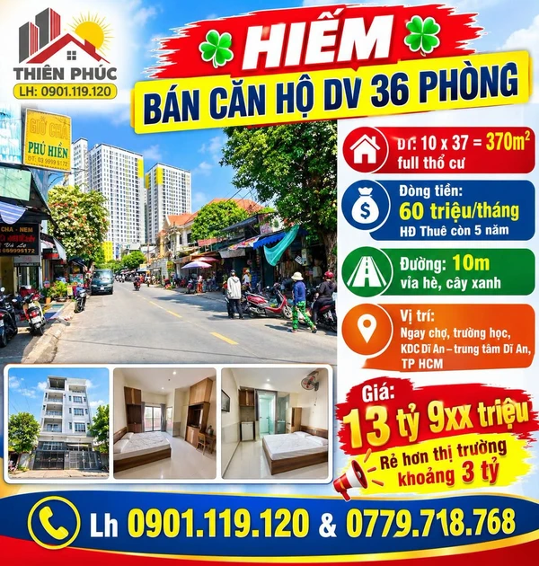 Bán căn hộ dịch vụ 36 phòng 370m2 dòng tiền 60 triệu/tháng tại Dĩ An, Bình Dương