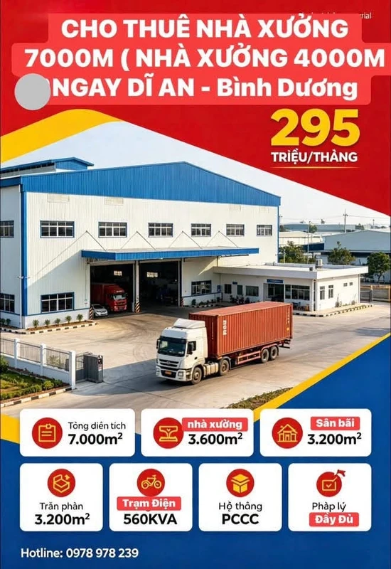 Cho thuê nhà xưởng 7.000m² giá 295 triệu/tháng tại KP Tân Thắng, Tân Bình, Dĩ An