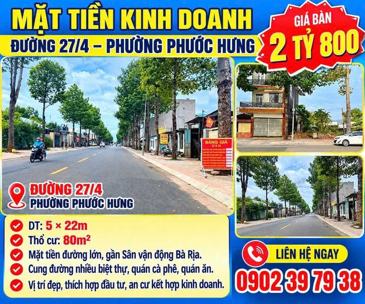 Bán mặt tiền kinh doanh 110m² đường 27/4 Phước Hưng, giá 2,8 tỷ