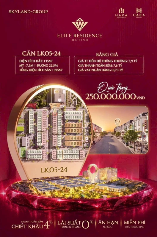 Bán biệt thự 4 tầng 135m² Elite Residence Hà Tĩnh 7,6 tỷ