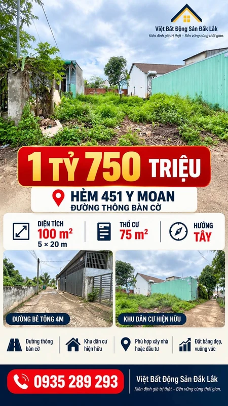 Bán đất hẻm 451 Y Moan 100m² 1 tỷ 750 triệu