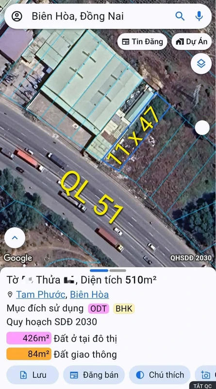 Bán đất mặt tiền QL51 Tam Phước Biên Hòa 510m2, 9 tỷ