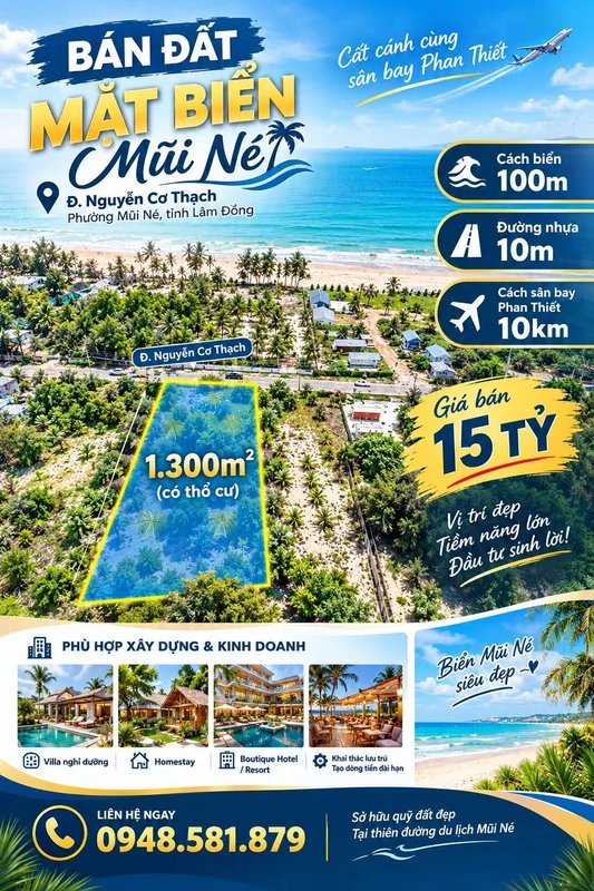 Bán đất mặt biển Mũi Né 1.300m² đường Nguyễn Cơ Thạch giá 15 tỷ