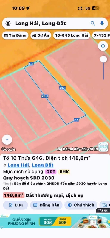 Bán đất góc 2 mặt tiền 100m² Long Hải