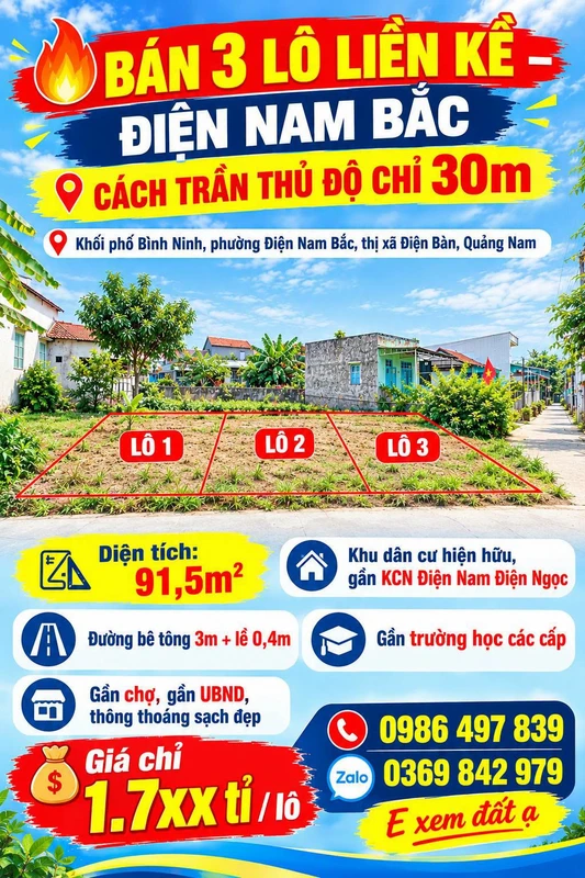 Bán 3 lô đất liền kề Điện Nam Bắc 91.5m² giá 1.7 tỷ