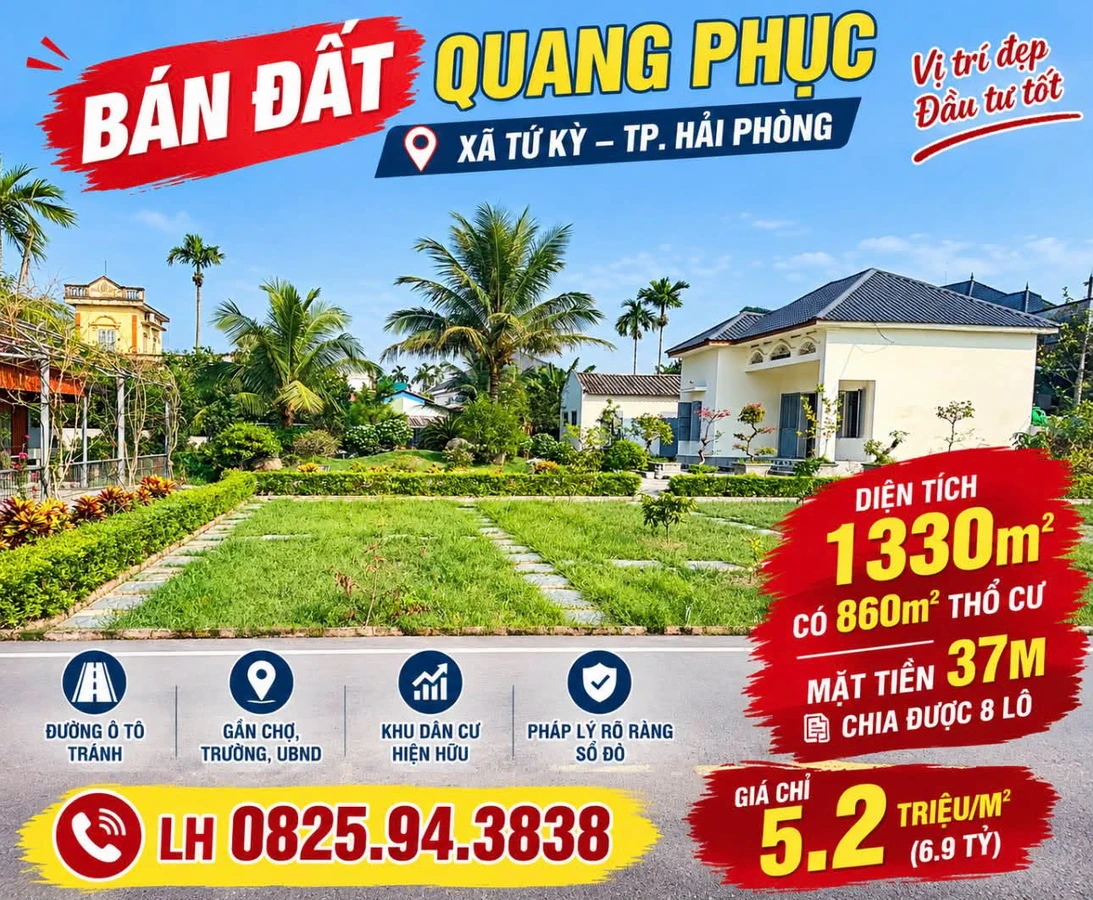 Bán đất Quang Phục 1.330m² mặt tiền 37m, Hải Phòng - Ảnh 1