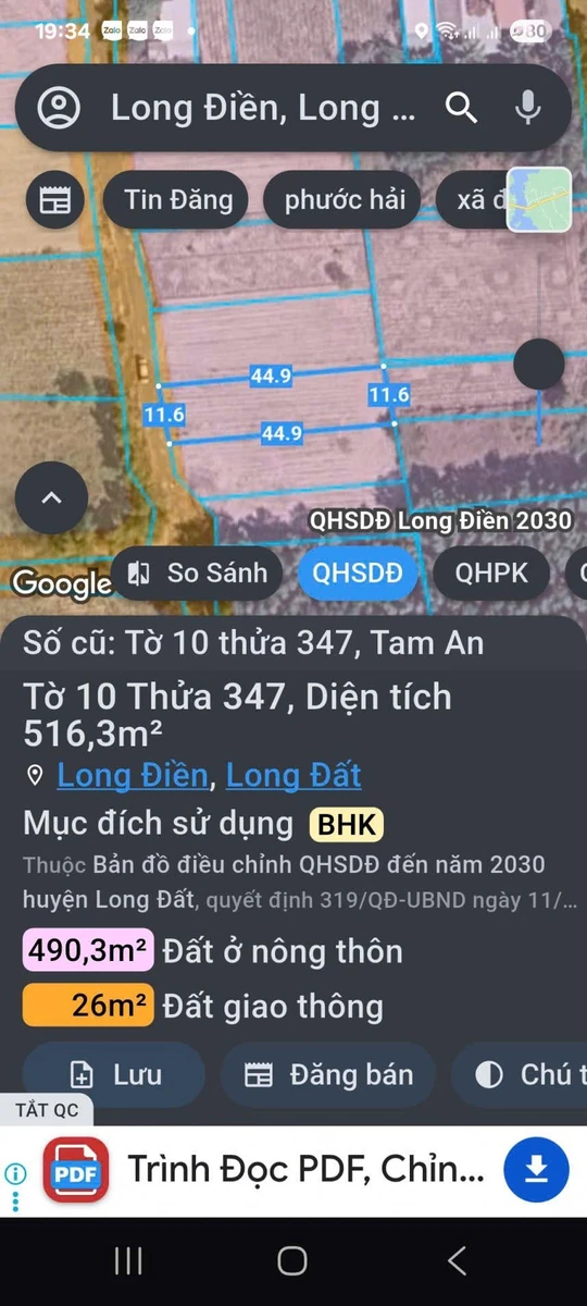 Bán đất 516m² đường Nhựa Tam Phước Long Điền 2 tỷ 350 triệu - Ảnh 1