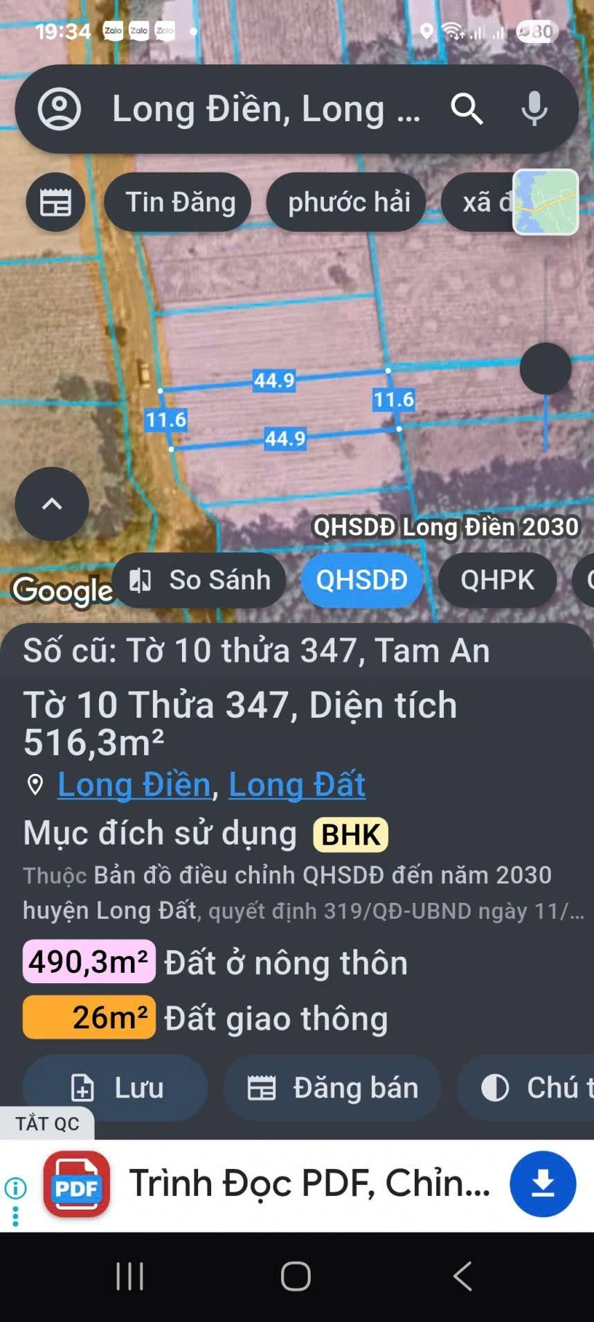 Bán đất 516m² đường Nhựa Tam Phước Long Điền 2 tỷ 350 triệu - Ảnh 1