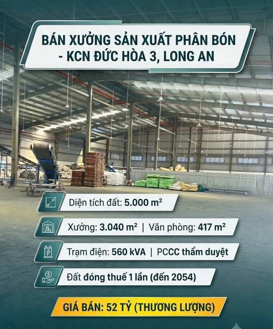 Bán xưởng sản xuất phân bón 5.000 m² KCN Đức Hòa 3, Long An, giá 52 tỷ - Ảnh 1